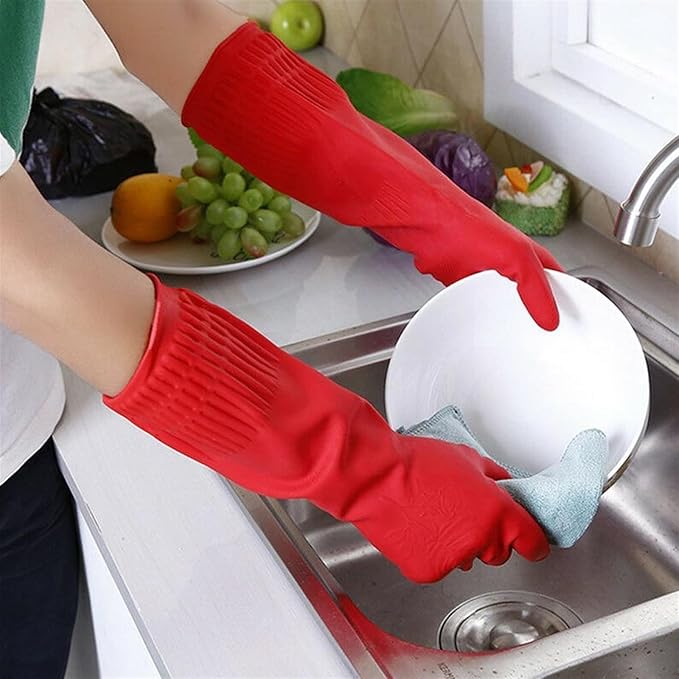 Dishwashing Gloves, Reusable Kitchen,Household and Industrial Cleaning Gloves, Long Sleeve, Thick Latex, Cleaning, Washing, Working, Painting, Gardening Gloves (Red)