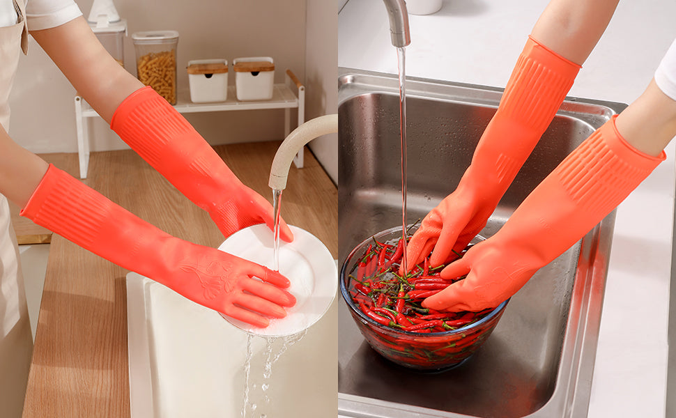 Dishwashing Gloves, Reusable Kitchen,Household and Industrial Cleaning Gloves, Long Sleeve, Thick Latex, Cleaning, Washing, Working, Painting, Gardening Gloves (Red)