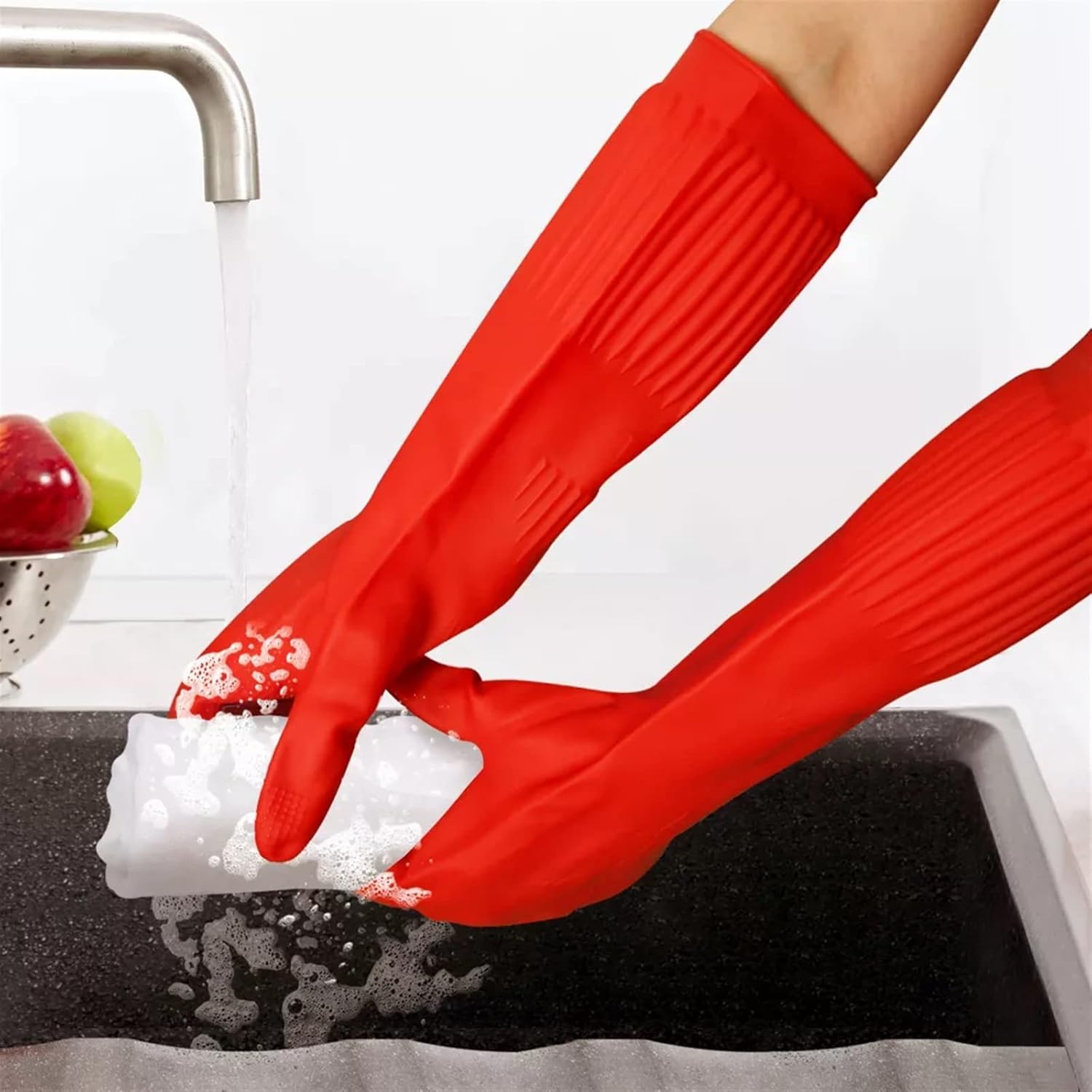 Dishwashing Gloves, Reusable Kitchen,Household and Industrial Cleaning Gloves, Long Sleeve, Thick Latex, Cleaning, Washing, Working, Painting, Gardening Gloves (Red)