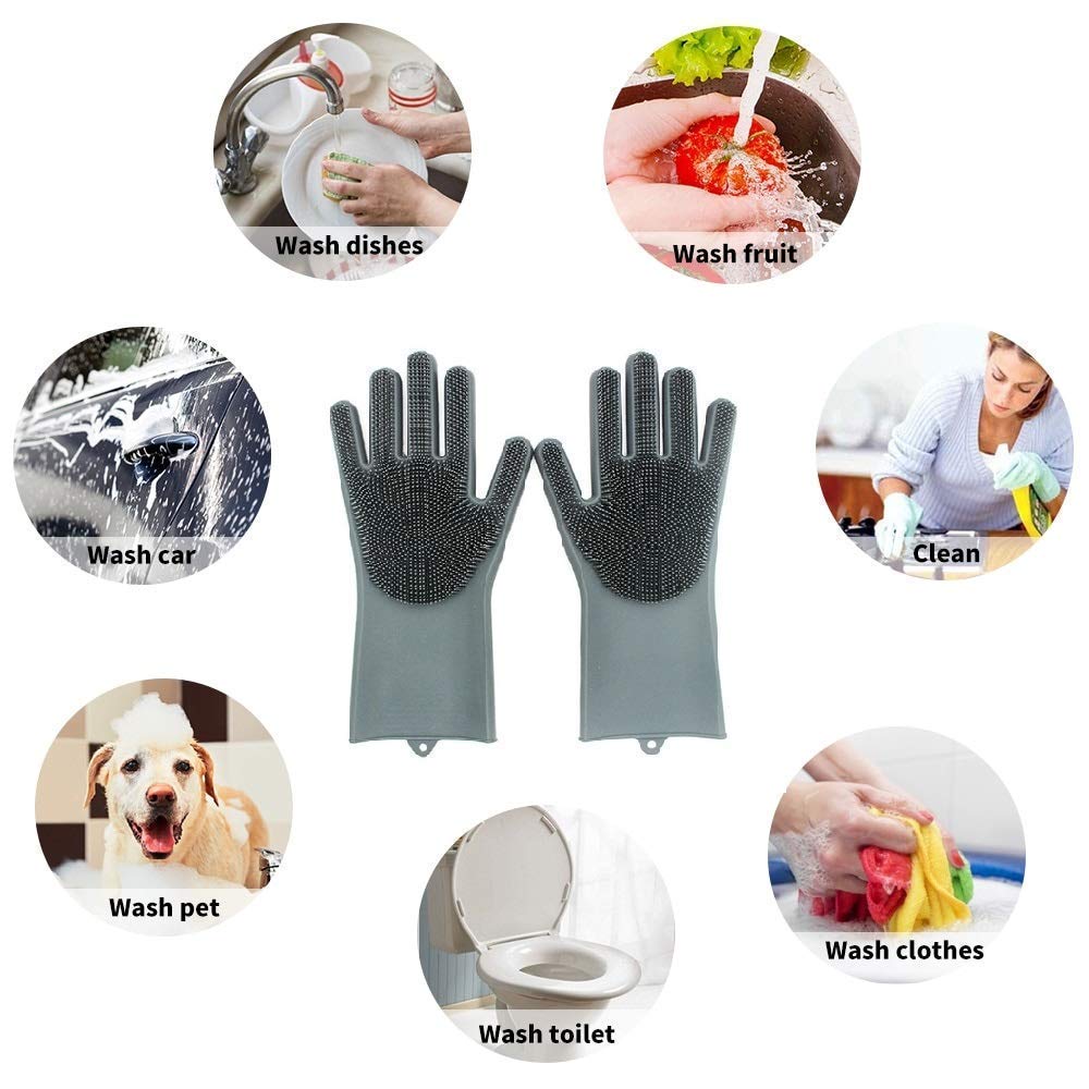 Gloves Magic Silicone Dish Washing Gloves, Silicon Cleaning Gloves, Silicon Hand Gloves for Kitchen Dishwashing and Pet Grooming, Great for Washing Dish, Car, Bathroom (Multicolour, 1 Pair)