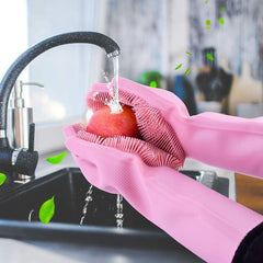 Gloves Magic Silicone Dish Washing Gloves, Silicon Cleaning Gloves, Silicon Hand Gloves for Kitchen Dishwashing and Pet Grooming, Great for Washing Dish, Car, Bathroom (Multicolour, 1 Pair)