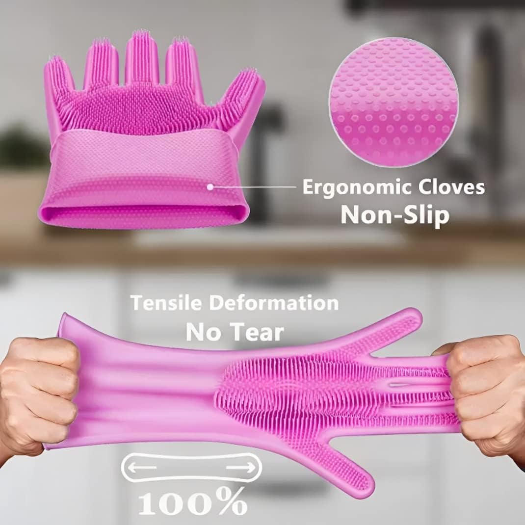 Gloves Magic Silicone Dish Washing Gloves, Silicon Cleaning Gloves, Silicon Hand Gloves for Kitchen Dishwashing and Pet Grooming, Great for Washing Dish, Car, Bathroom (Multicolour, 1 Pair)