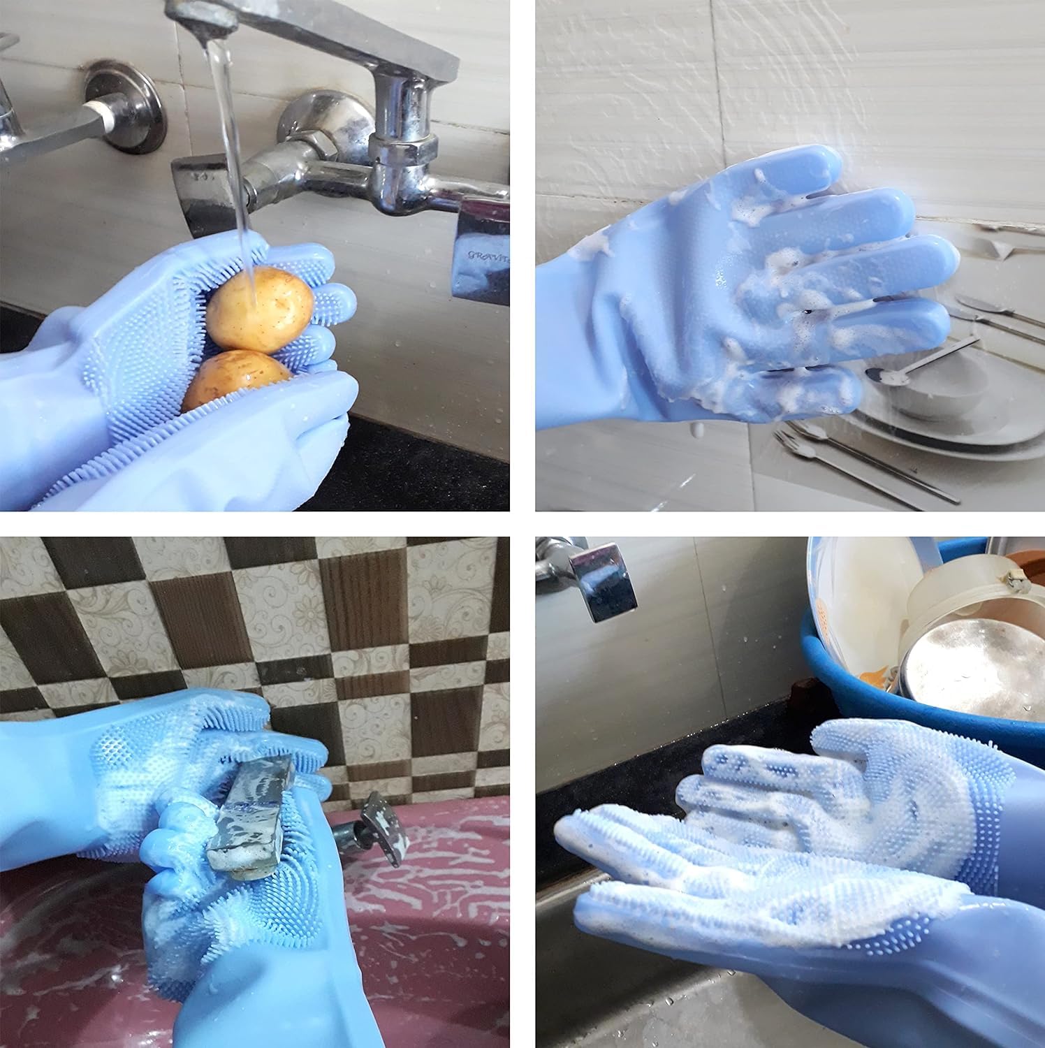 Gloves Magic Silicone Dish Washing Gloves, Silicon Cleaning Gloves, Silicon Hand Gloves for Kitchen Dishwashing and Pet Grooming, Great for Washing Dish, Car, Bathroom (Multicolour, 1 Pair)