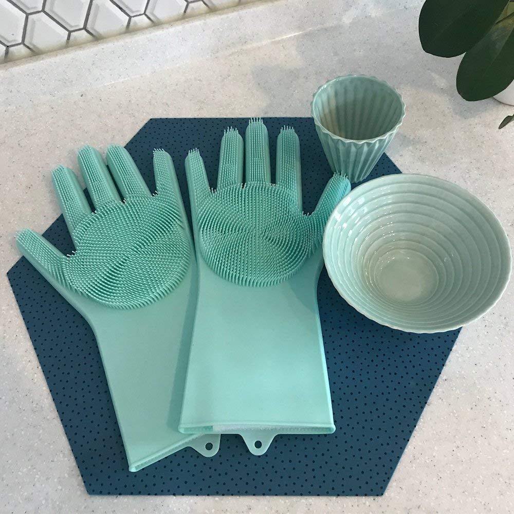 Gloves Magic Silicone Dish Washing Gloves, Silicon Cleaning Gloves, Silicon Hand Gloves for Kitchen Dishwashing and Pet Grooming, Great for Washing Dish, Car, Bathroom (Multicolour, 1 Pair)