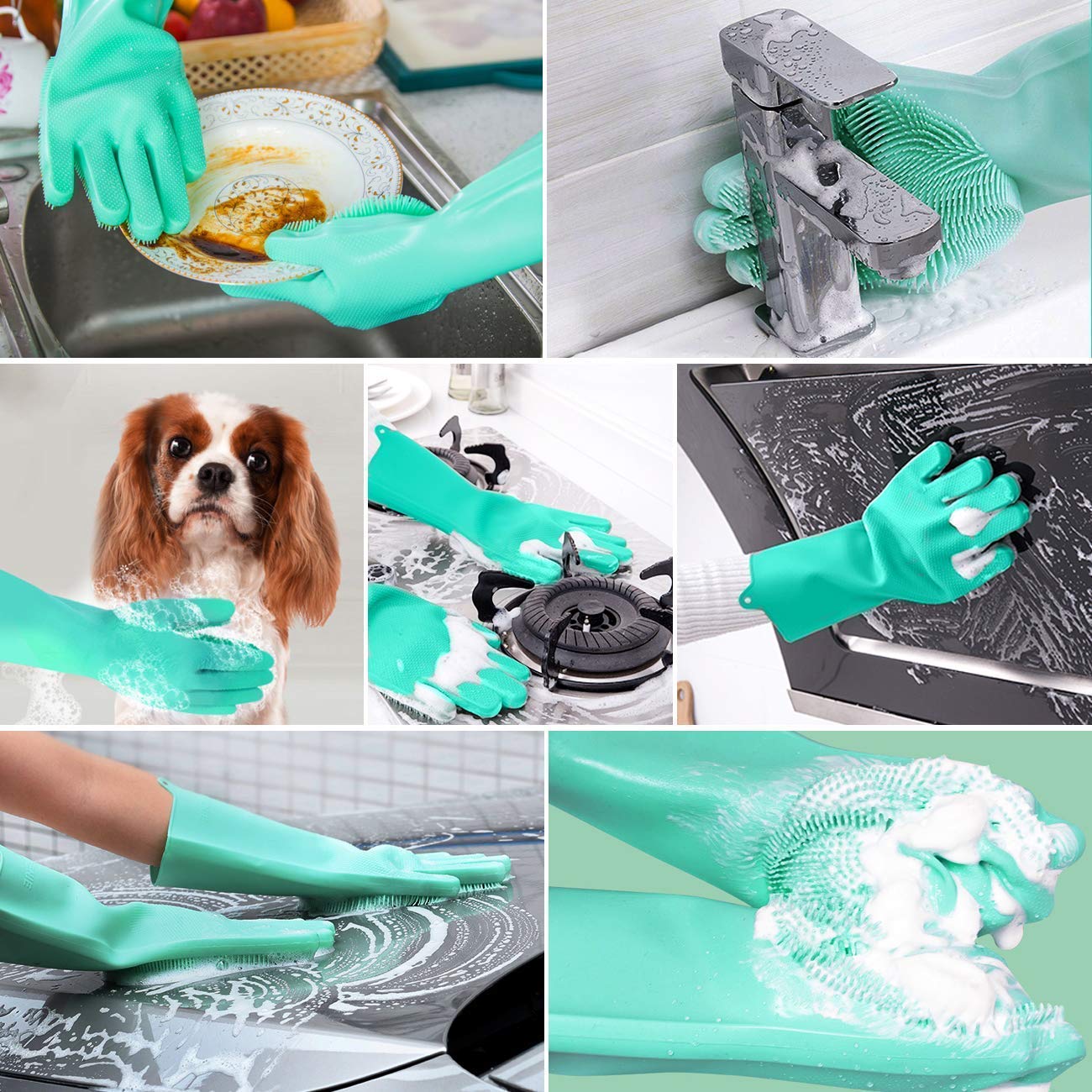 Gloves Magic Silicone Dish Washing Gloves, Silicon Cleaning Gloves, Silicon Hand Gloves for Kitchen Dishwashing and Pet Grooming, Great for Washing Dish, Car, Bathroom (Multicolour, 1 Pair)