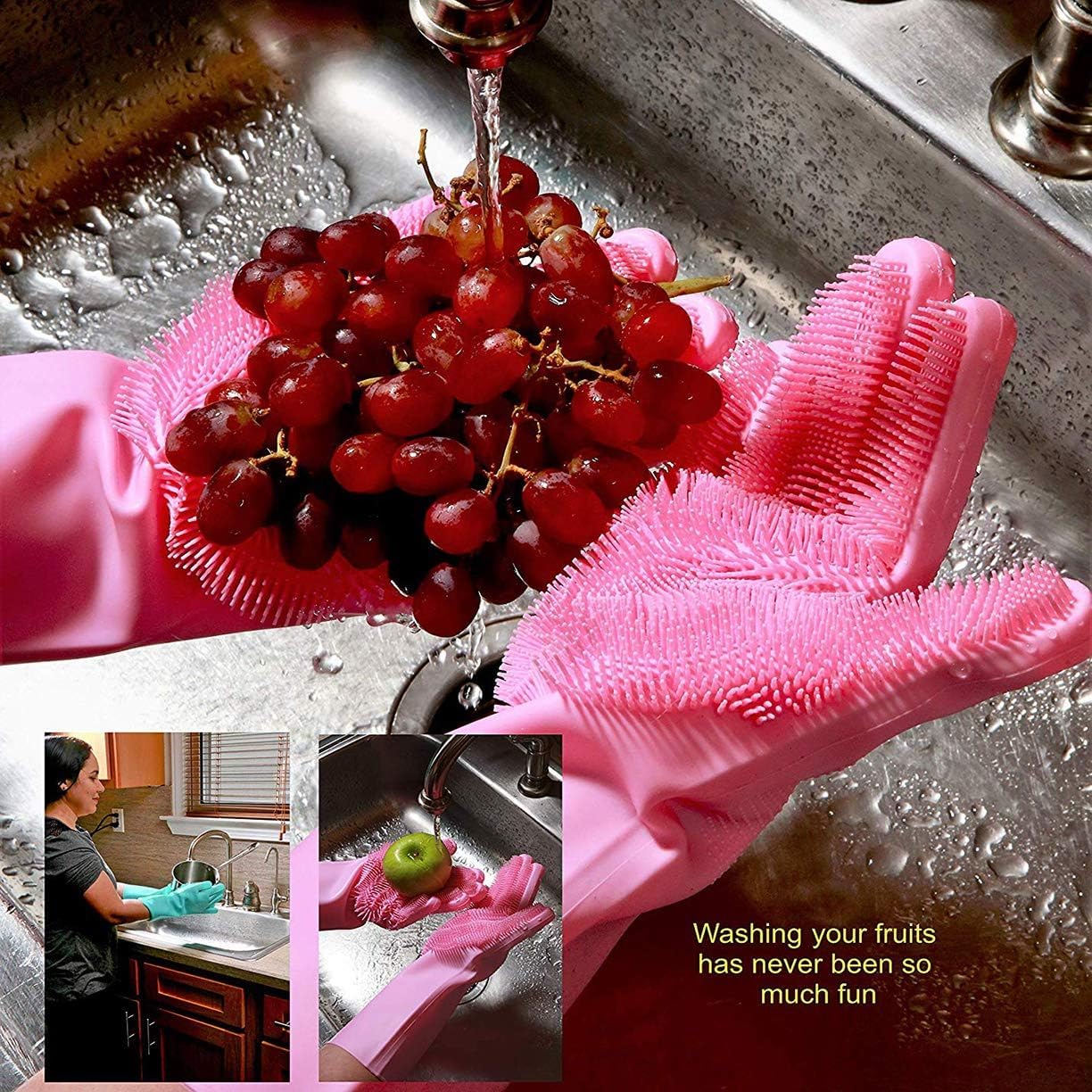 Gloves Magic Silicone Dish Washing Gloves, Silicon Cleaning Gloves, Silicon Hand Gloves for Kitchen Dishwashing and Pet Grooming, Great for Washing Dish, Car, Bathroom (Multicolour, 1 Pair)