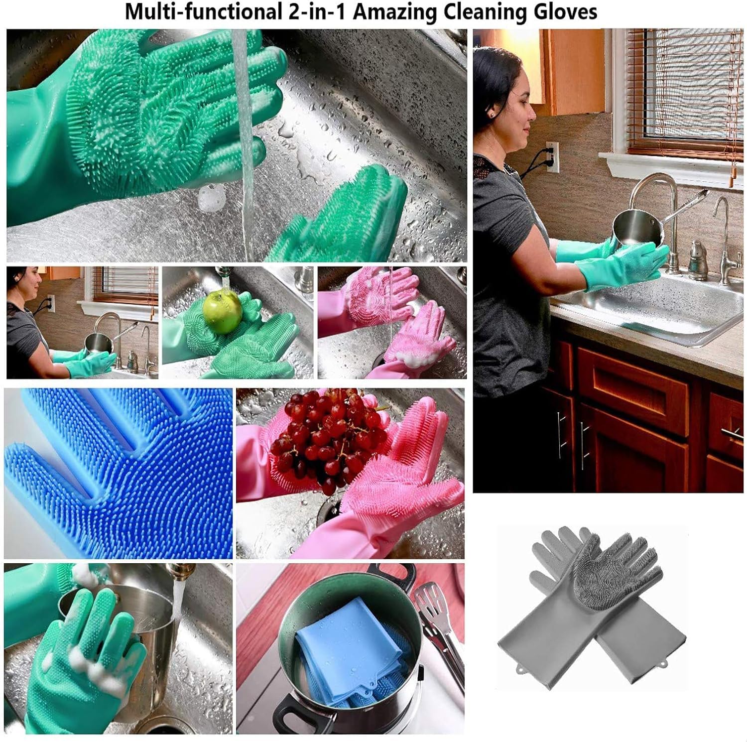 Gloves Magic Silicone Dish Washing Gloves, Silicon Cleaning Gloves, Silicon Hand Gloves for Kitchen Dishwashing and Pet Grooming, Great for Washing Dish, Car, Bathroom (Multicolour, 1 Pair)