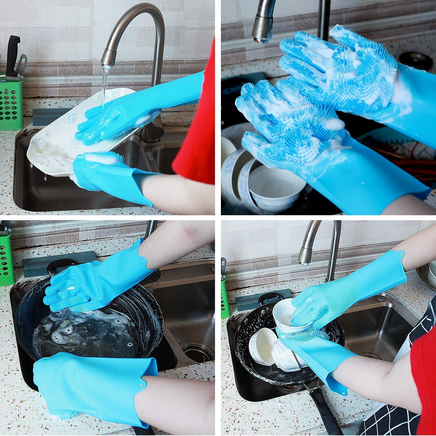 Gloves Magic Silicone Dish Washing Gloves, Silicon Cleaning Gloves, Silicon Hand Gloves for Kitchen Dishwashing and Pet Grooming, Great for Washing Dish, Car, Bathroom (Multicolour, 1 Pair)