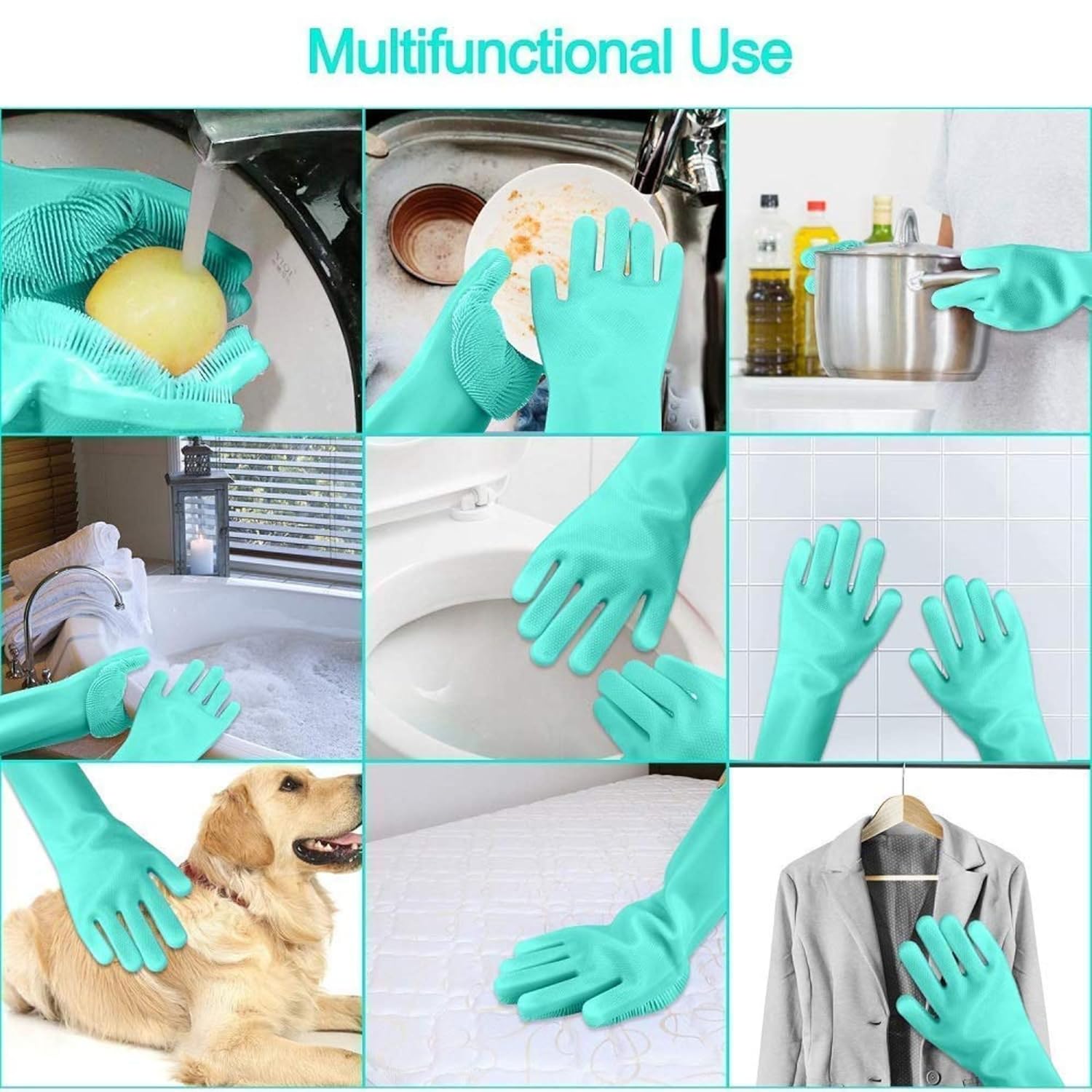 Gloves Magic Silicone Dish Washing Gloves, Silicon Cleaning Gloves, Silicon Hand Gloves for Kitchen Dishwashing and Pet Grooming, Great for Washing Dish, Car, Bathroom (Multicolour, 1 Pair)