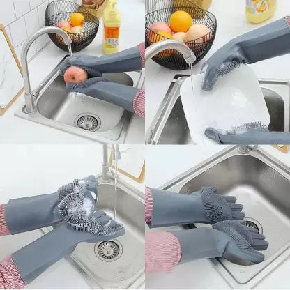 Gloves Magic Silicone Dish Washing Gloves, Silicon Cleaning Gloves, Silicon Hand Gloves for Kitchen Dishwashing and Pet Grooming, Great for Washing Dish, Car, Bathroom (Multicolour, 1 Pair)