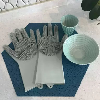 Gloves Magic Silicone Dish Washing Gloves, Silicon Cleaning Gloves, Silicon Hand Gloves for Kitchen Dishwashing and Pet Grooming, Great for Washing Dish, Car, Bathroom (Multicolour, 1 Pair)