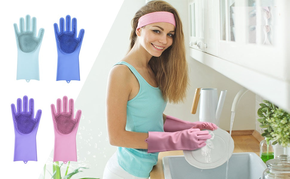 Gloves Magic Silicone Dish Washing Gloves, Silicon Cleaning Gloves, Silicon Hand Gloves for Kitchen Dishwashing and Pet Grooming, Great for Washing Dish, Car, Bathroom (Multicolour, 1 Pair)