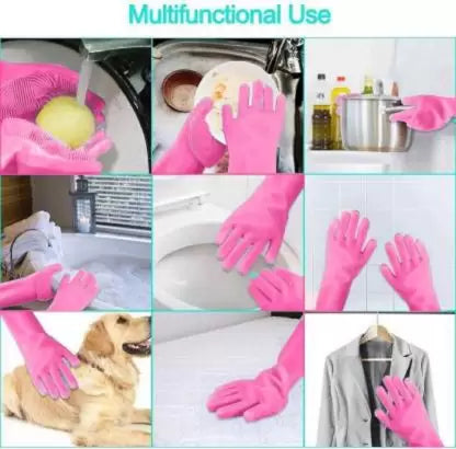 Gloves Magic Silicone Dish Washing Gloves, Silicon Cleaning Gloves, Silicon Hand Gloves for Kitchen Dishwashing and Pet Grooming, Great for Washing Dish, Car, Bathroom (Multicolour, 1 Pair)