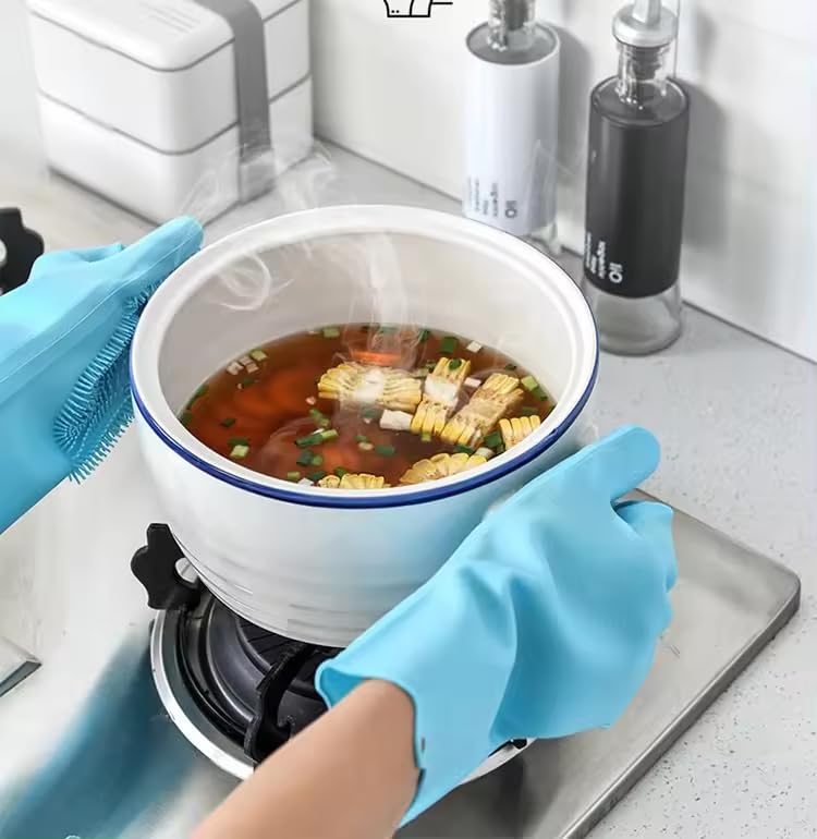 Gloves Magic Silicone Dish Washing Gloves, Silicon Cleaning Gloves, Silicon Hand Gloves for Kitchen Dishwashing and Pet Grooming, Great for Washing Dish, Car, Bathroom (Multicolour, 1 Pair)