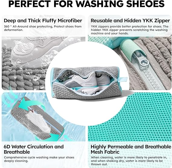 Shoe washing machine bag, Laundry shoe pouch for washer and dryer, Reusable and Durable Zipper Plush Washing Machine Bag for Sneakers, Delicates and Toys