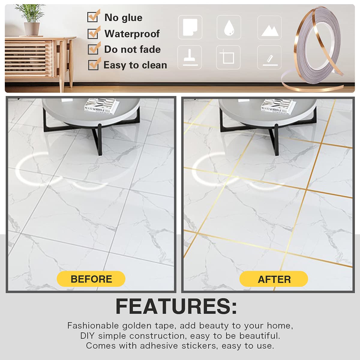 Tile stickers for flooring, tiles gap tape waterproof filling sticker,Self-Adhesive ceramic,marble Wall & Floor Decor Tape (0.5 cm * 50 Meter)