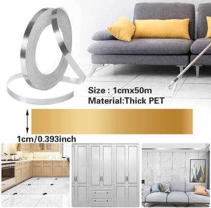 Tile Stickers Decorative Floor Wall Sticker Foil Line Peel and Stick Adhesive Waterproof Gap Cover for Kitchen Bathroom Living Room Bedroom (1pc Roll) Silver (50 mtr)