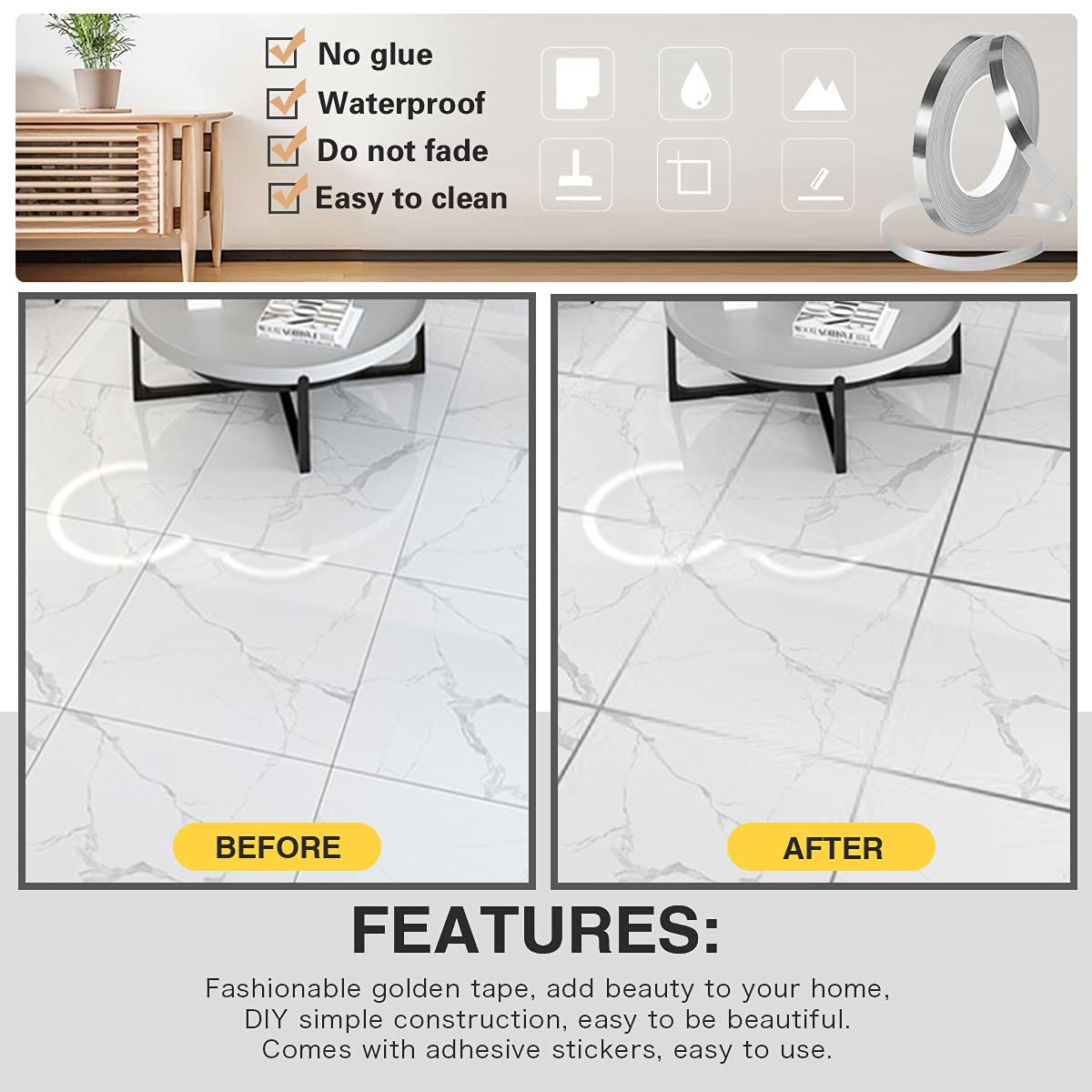 Tile Stickers Decorative Floor Wall Sticker Foil Line Peel and Stick Adhesive Waterproof Gap Cover for Kitchen Bathroom Living Room Bedroom (1pc Roll) Silver (50 mtr)