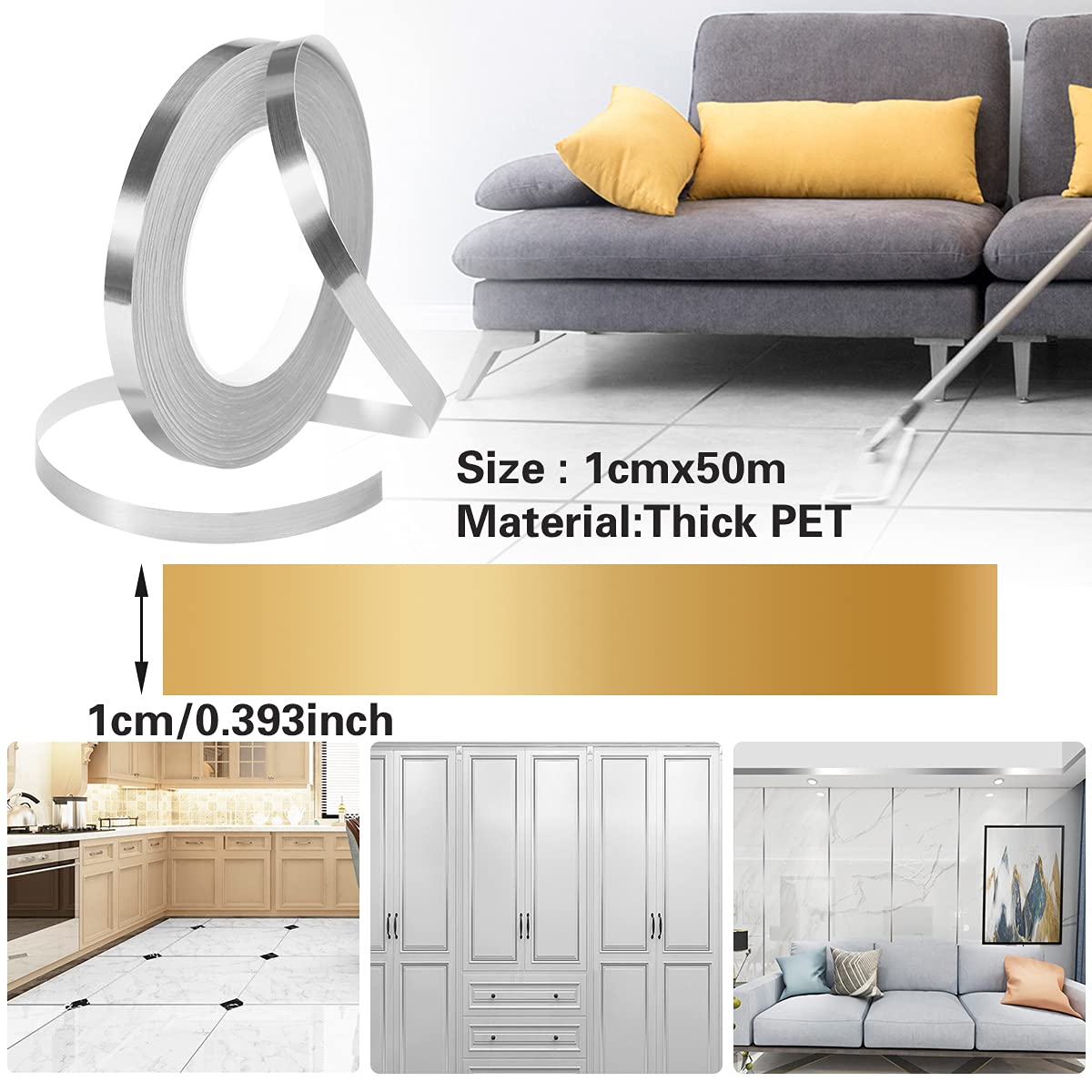 Tile Stickers Decorative Floor Wall Sticker Foil Line Peel and Stick Adhesive Waterproof Gap Cover for Kitchen Bathroom Living Room Bedroom (1pc Roll) Silver (50 mtr)