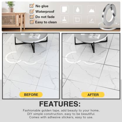 Tile Stickers Decorative Floor Wall Sticker Foil Line Peel and Stick Adhesive Waterproof Gap Cover for Kitchen Bathroom Living Room Bedroom (1pc Roll) Silver (50 mtr)